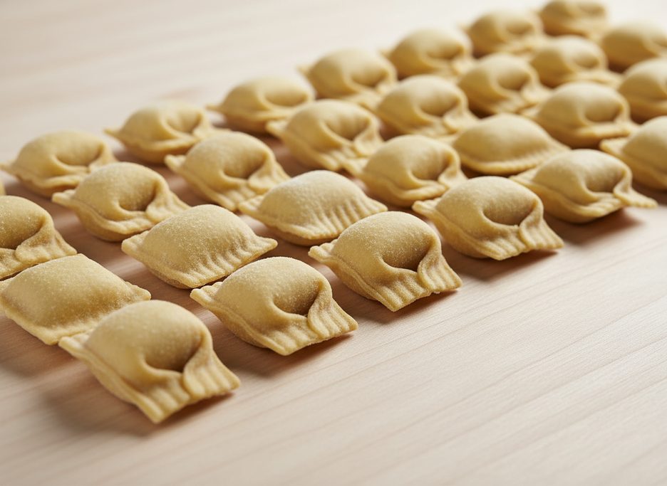 Fresh, raw, flour-dusted stuffed pasta, hand-folded and pinched into a distinctive pouch shape with ruffled edges, arranged in neat rows.