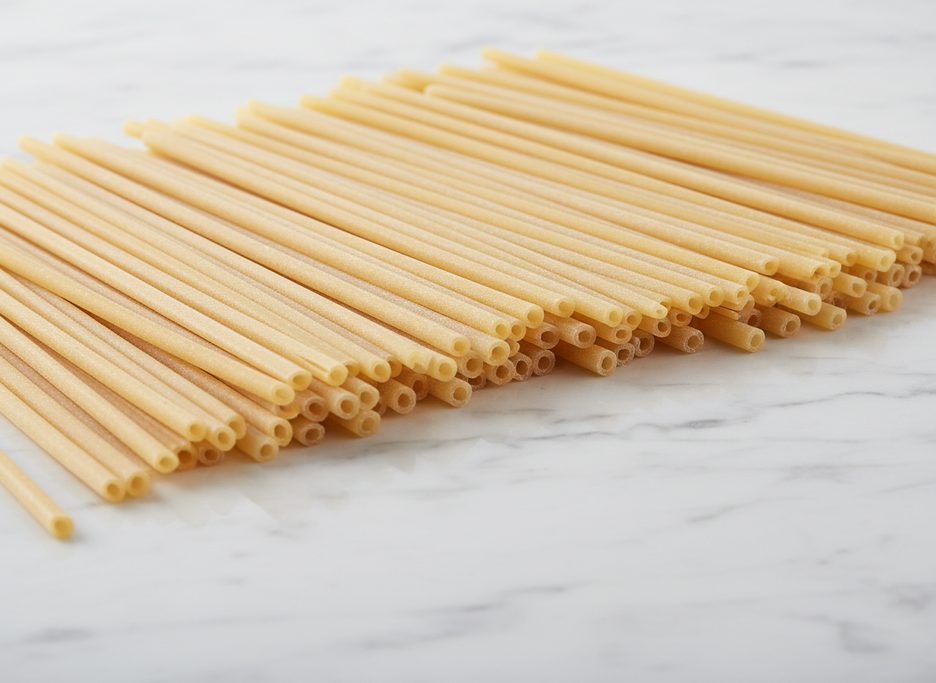 Pale yellow, dry bucatini pasta with hollow centers, fanned out on a white marble surface.