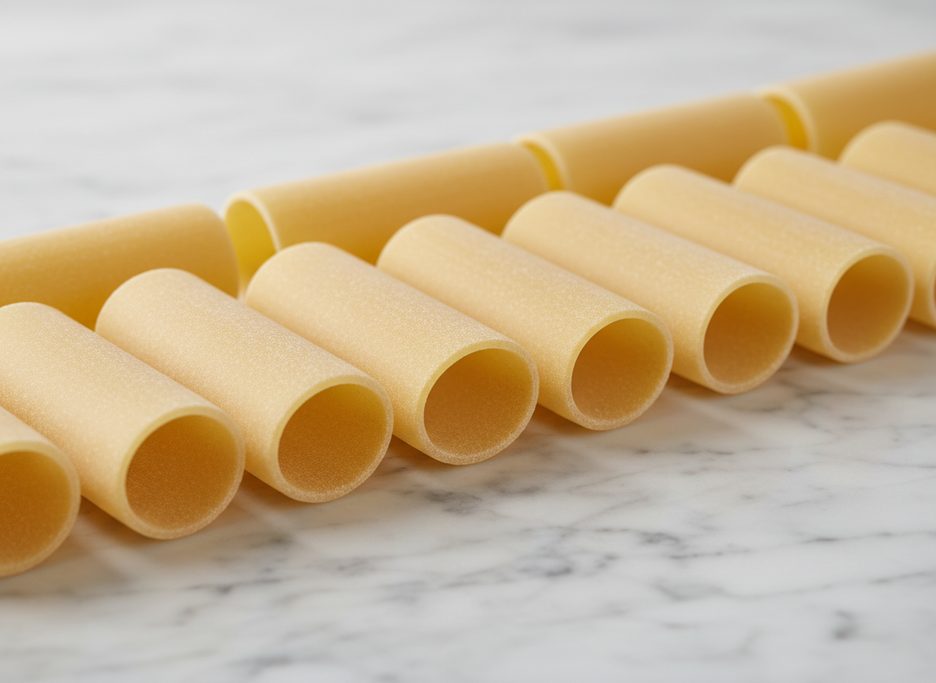 Rows of uncooked, cylindrical cannelloni pasta tubes with a slightly rough, porous texture.