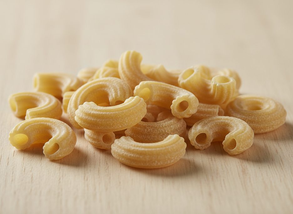 Dry, ridged, curved macaroni pasta scattered on a light wood grain surface.
