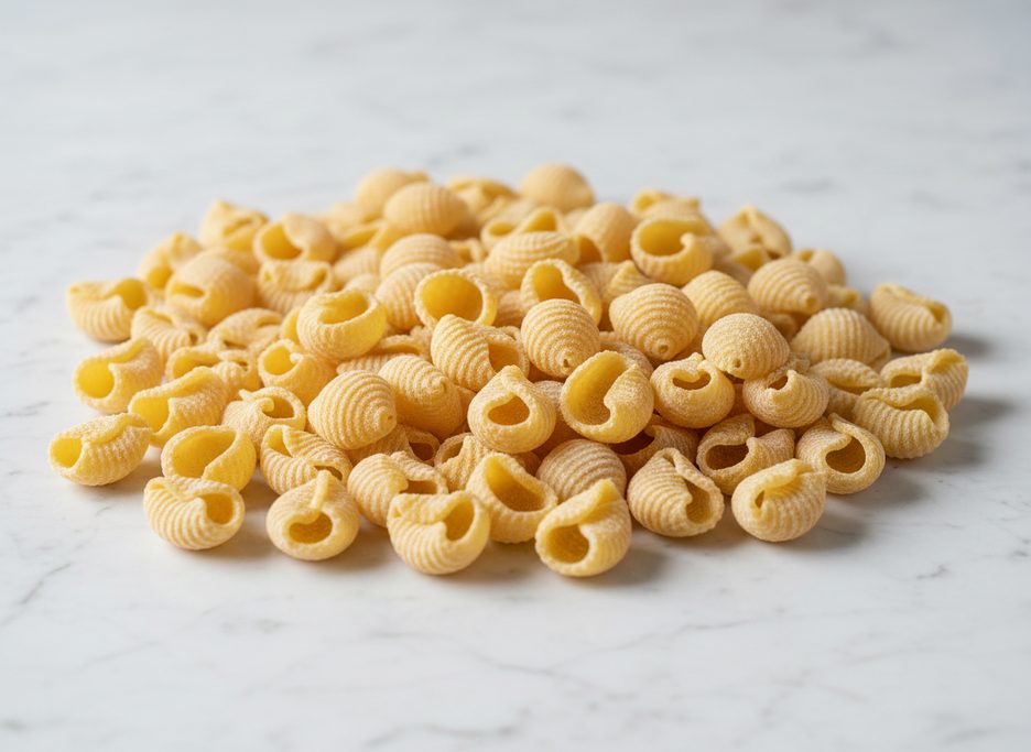 Pile of dried malloreddus pasta, ridged shell shapes, on a white marble surface.