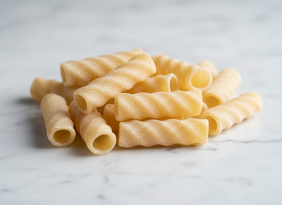 Uncooked Maccheroni al Torchio pasta, short and tubular with distinct spiral ridges and a rough, porous texture, piled on a white marble surface.