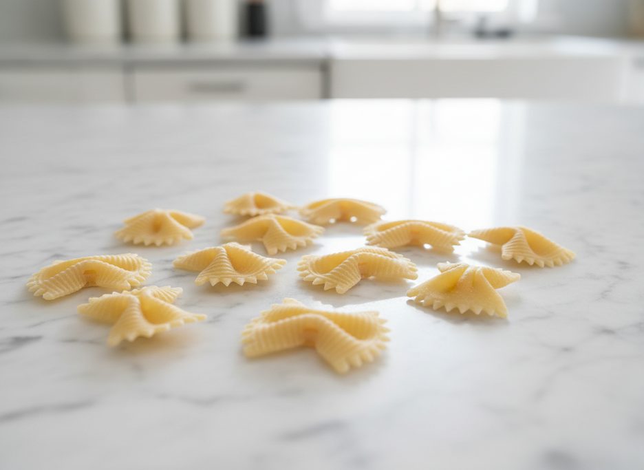 Farfalle (bow-tie) pasta pieces with distinctive ridged edges and a pinched, pleated center, scattered on a white marble countertop.