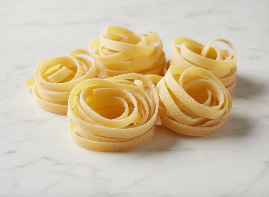 Five raw tagliatelle pasta nests, light yellow with a slightly coarse texture, on a white marble surface.