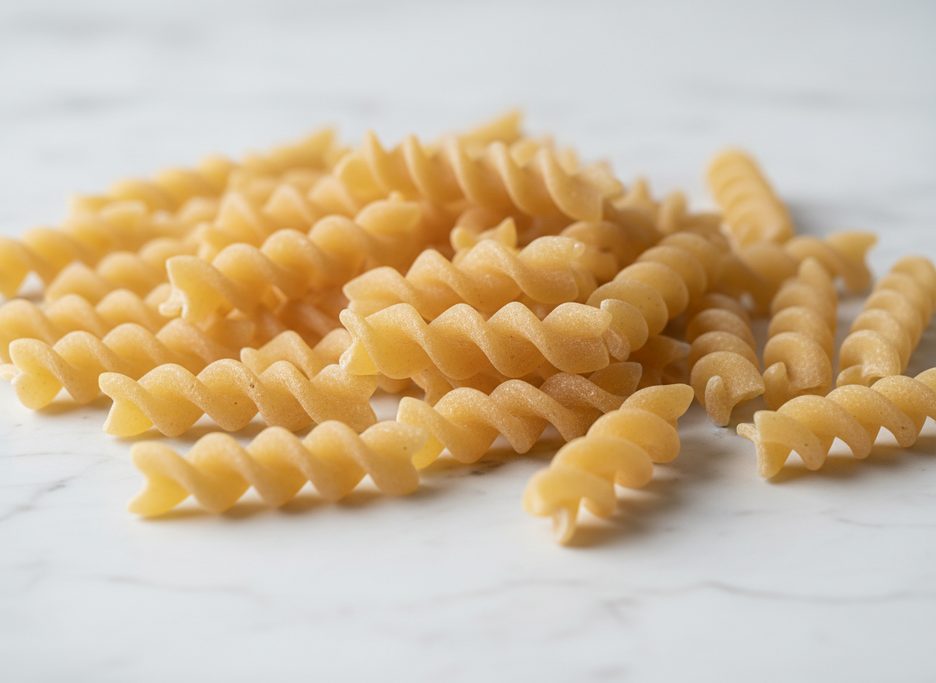 Uncooked fusilli pasta, scattered on a white marble surface, displaying their characteristic corkscrew shape and matte, slightly rough texture.