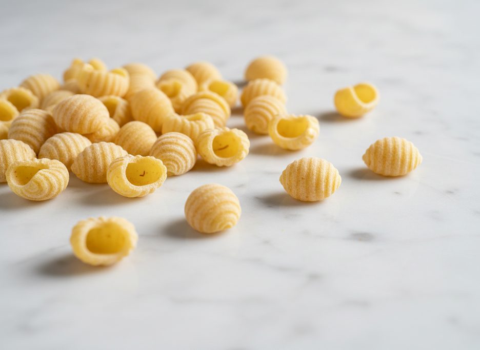 Uncooked Gnocchetti Sardi pasta: small, ridged, yellow shell shapes scattered on a white marble surface.