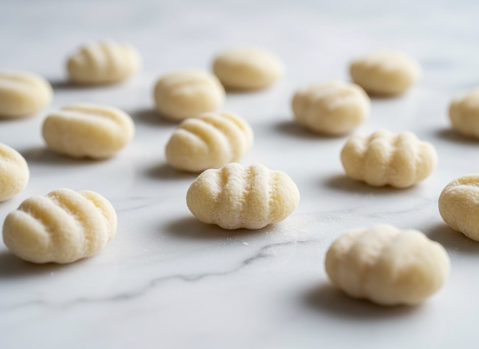 Uncooked, ridged gnocchi, lightly dusted with flour, scattered on a white marble surface.