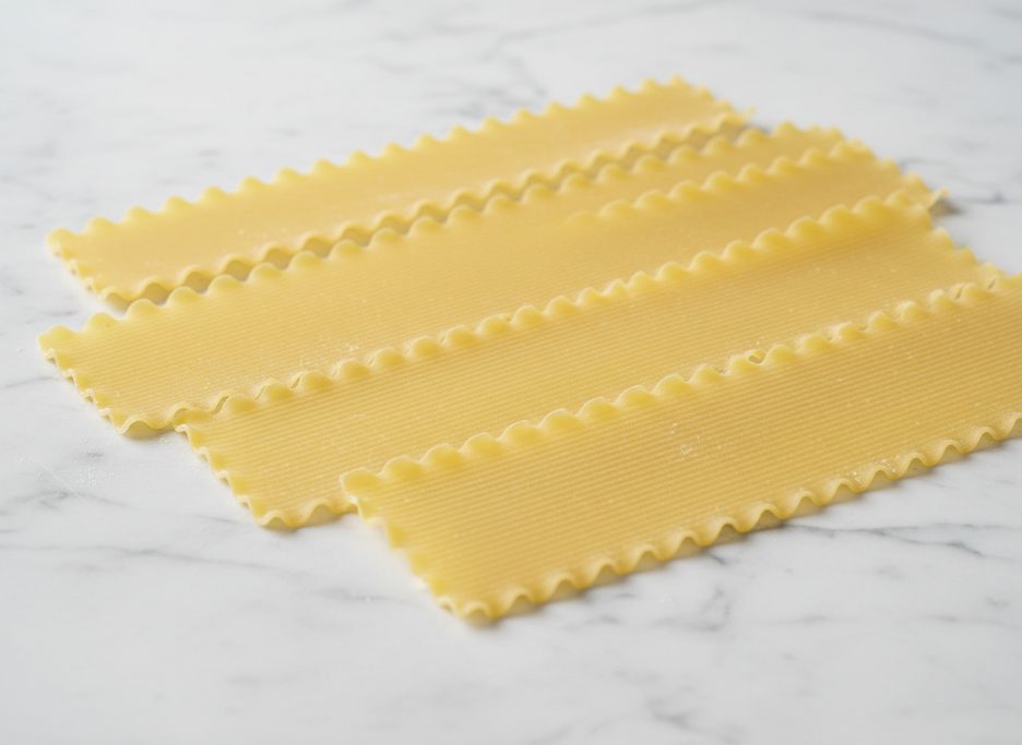 Uncooked lasagna noodles with ruffled edges and ribbed texture lying on a white marble surface.