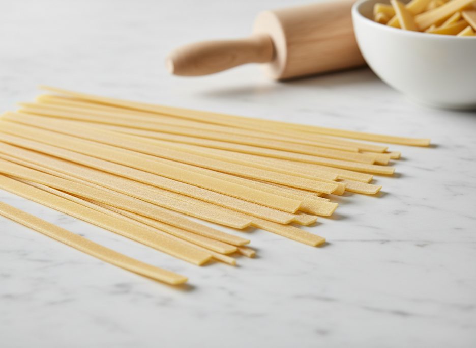 Fresh, uncooked fettuccine pasta strands with a slightly rough, flour-dusted texture.