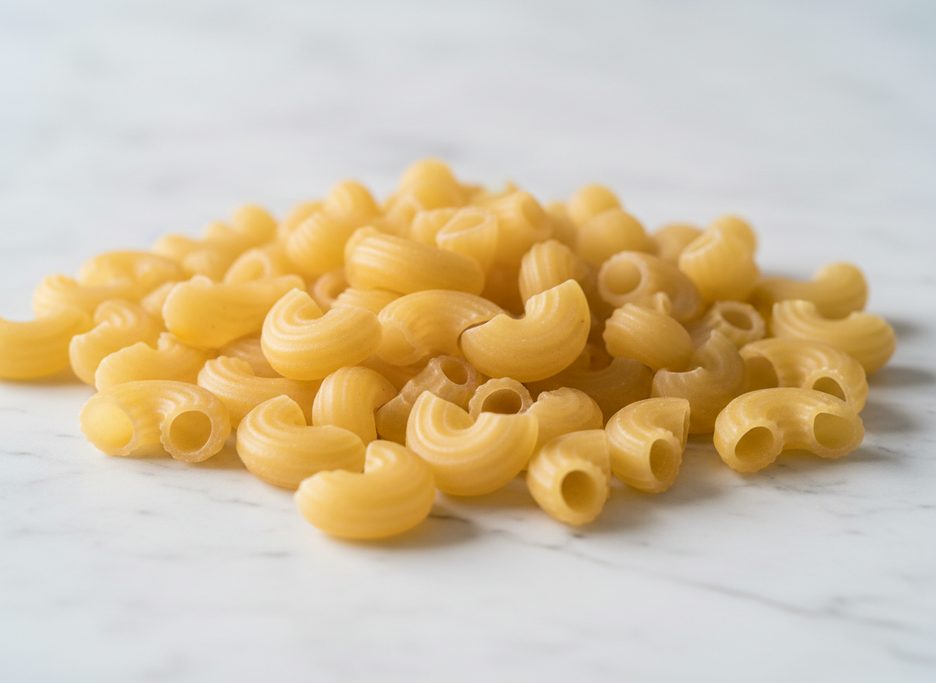 Pile of dry, uncooked elbow macaroni pasta, showing its characteristic curved, tubular shape and smooth, light yellow texture on a white marble surface.