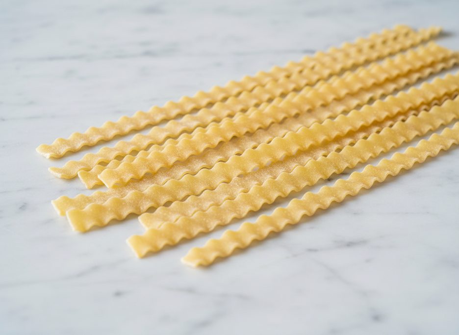 Uncooked mafalde pasta, flat ribbons with wavy, ruffled edges, arranged on a white marble countertop.