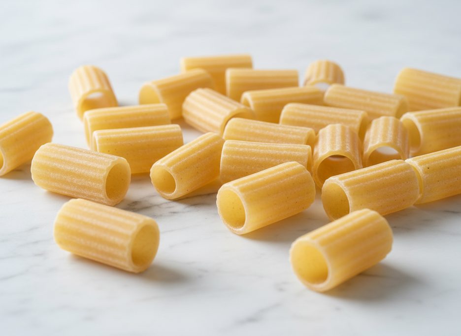 Raw, ridged rigatoni pasta tubes scattered on a white marble surface.