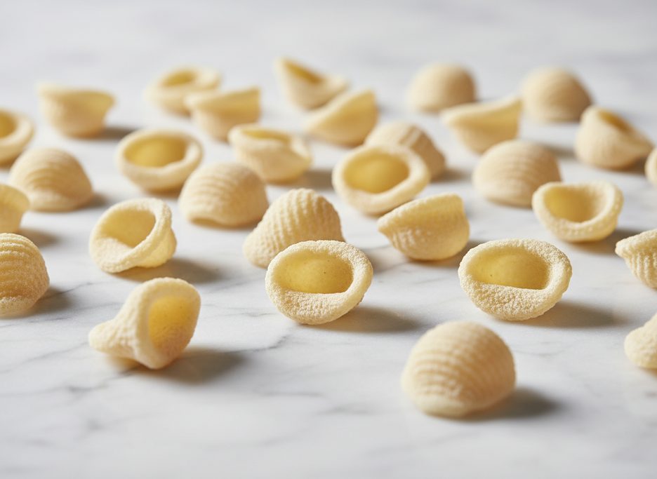 Dry orecchiette pasta, small, cup-shaped, and concave with a coarse, flour-dusted texture and subtle outer ridges, scattered on a light marble surface.