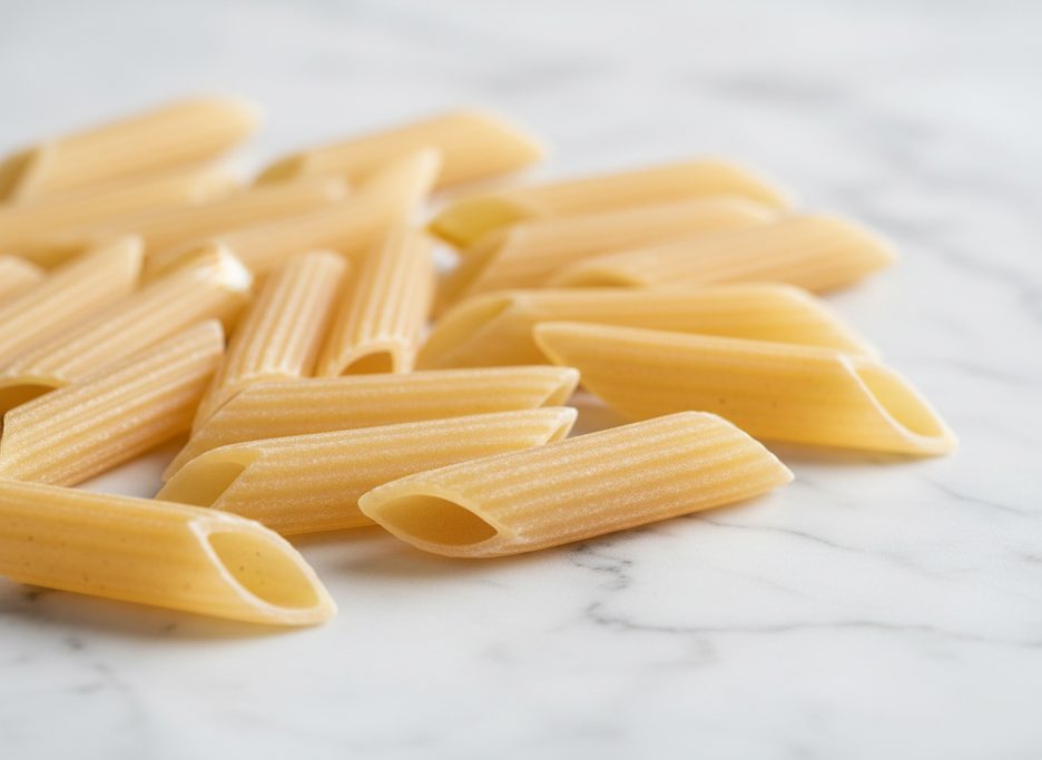 Raw penne rigate pasta, cylindrical with ridged texture and diagonally cut ends, scattered on a white marble surface.