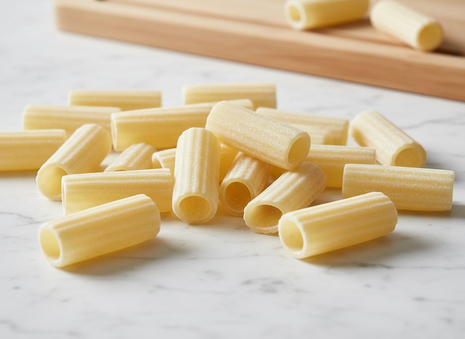 Uncooked rigatoni pasta, tubular and ridged, scattered on a white marble surface.