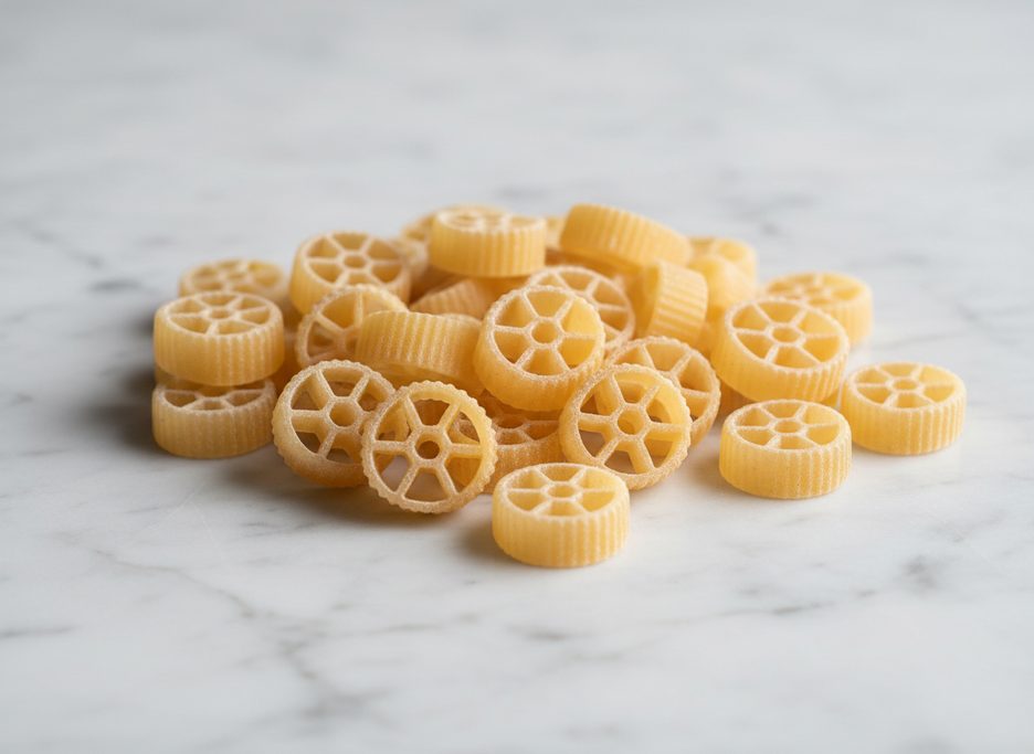 Dry rotelle pasta, wheel-shaped with spokes and ridged edges, in a pile on a light marble background.