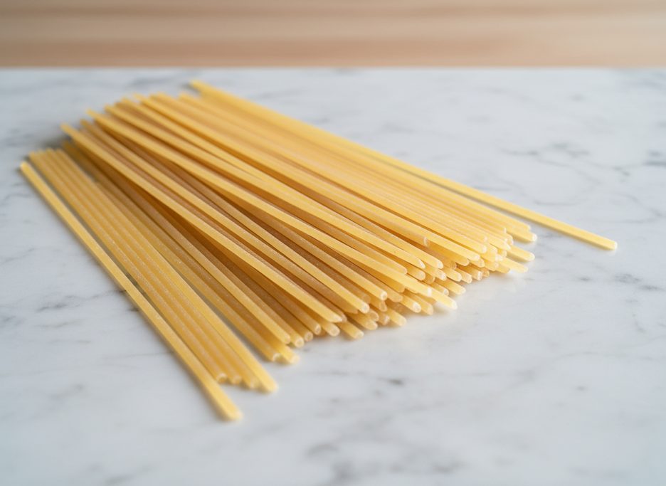 Dry, flat linguine pasta strands piled on a white marble surface.