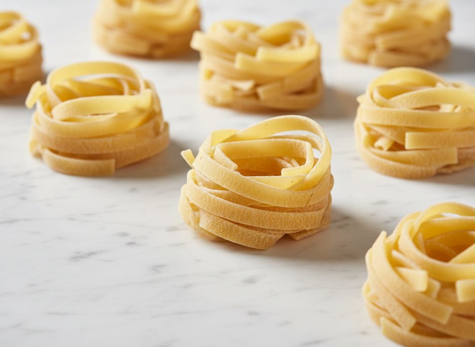 Uncooked tagliatelle pasta coiled into round nests, showing a slightly rough, dry texture on a marble surface.