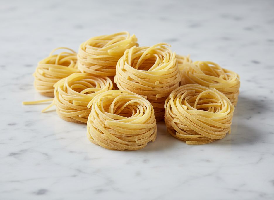 Dry, pale yellow tagliatelle pasta nests arranged on a white marble surface.