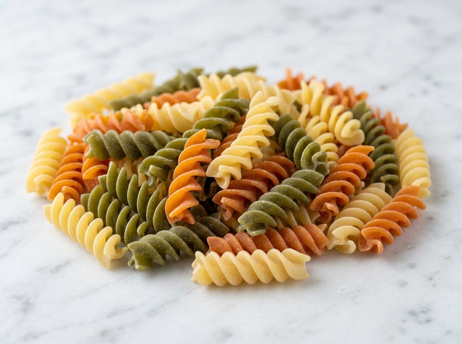 Pile of dry, tri-color fusilli pasta spirals on a white marble surface.