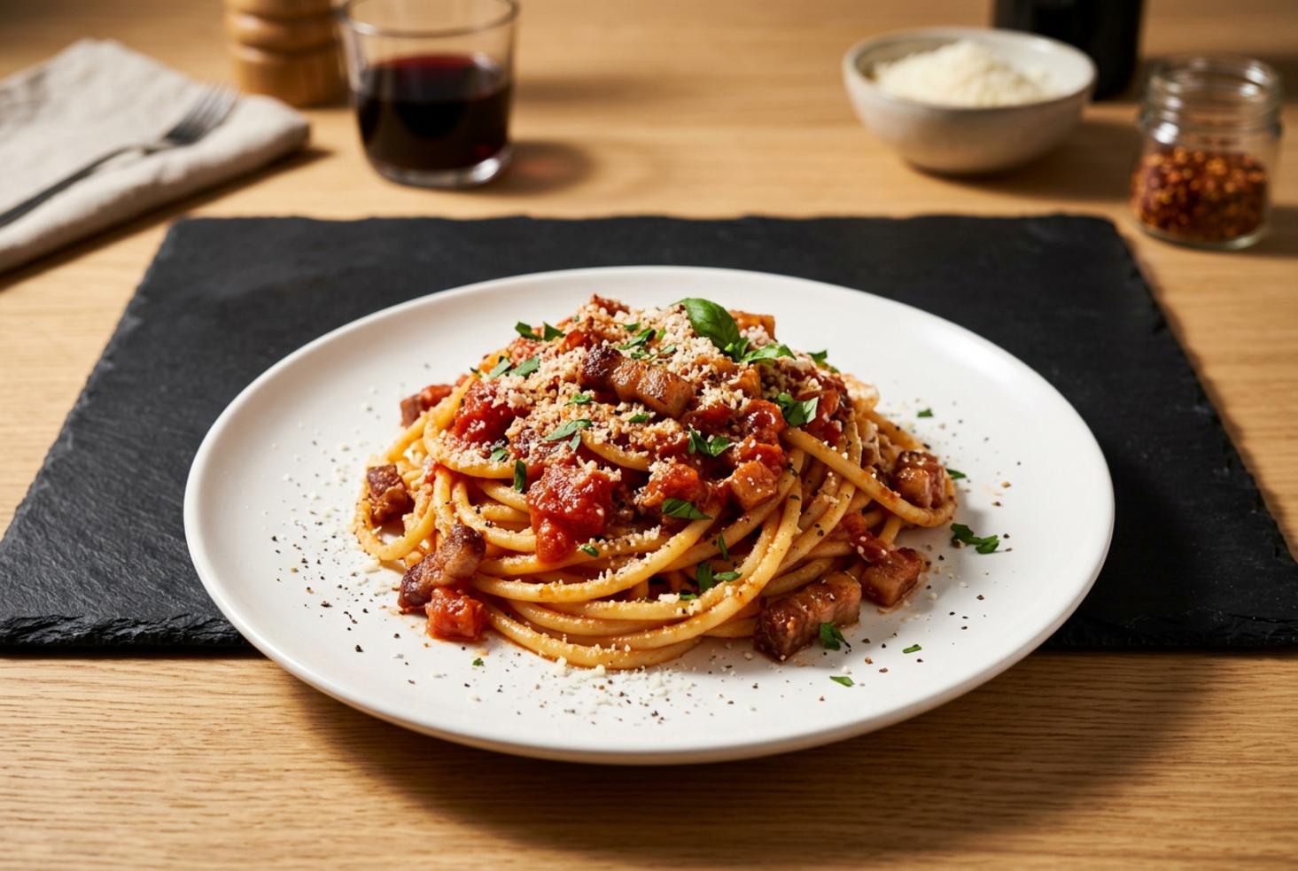 Steaming bowl of pasta amatriciana topped with grated cheese and chili flakes on a metal table in a bustling, neon-lit Asian night market.